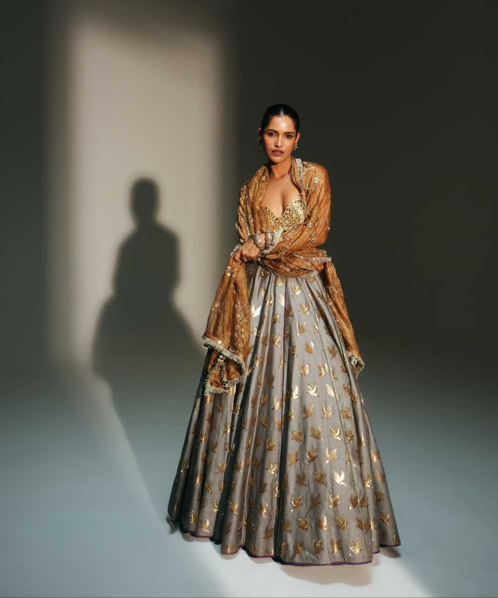 HINA - LEHENGA-PLATINUM BLOUSE & DUPATTA - Mehfil by Mahima Mahajan