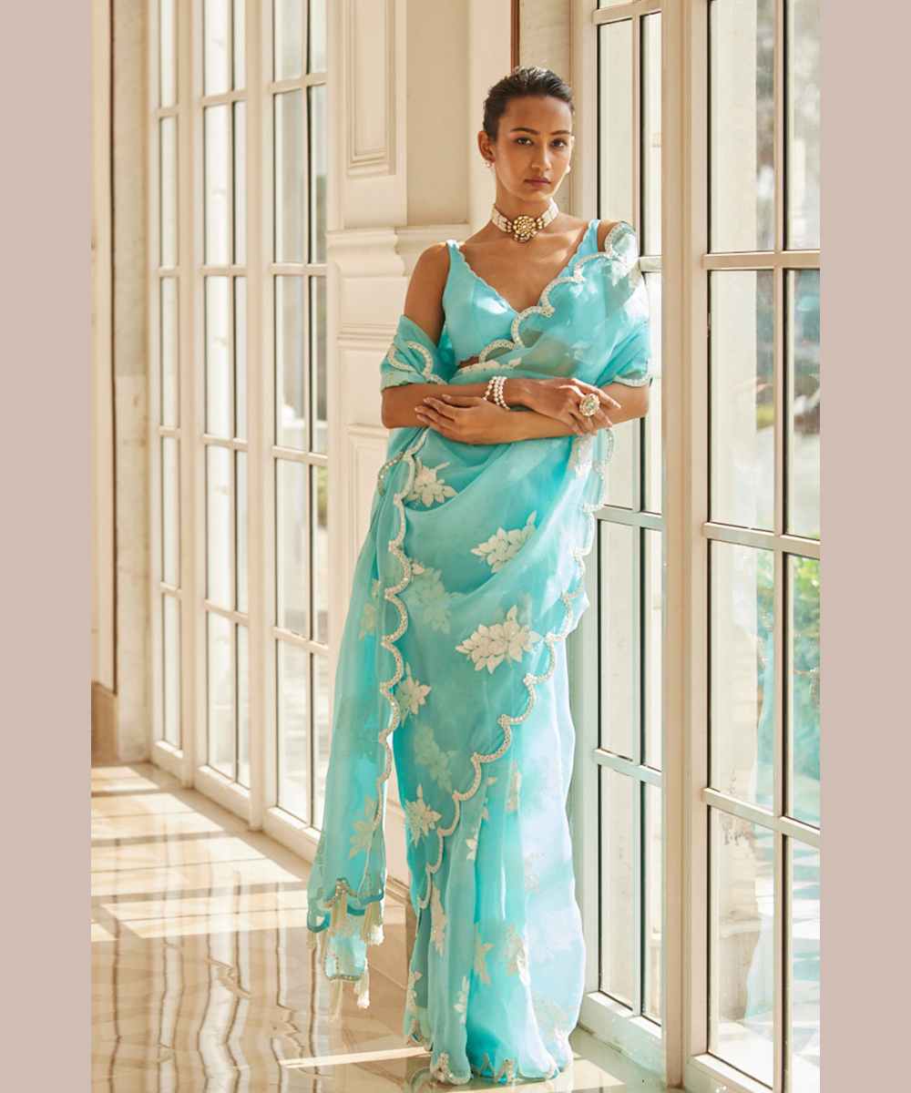 Blue Flower Saree Set