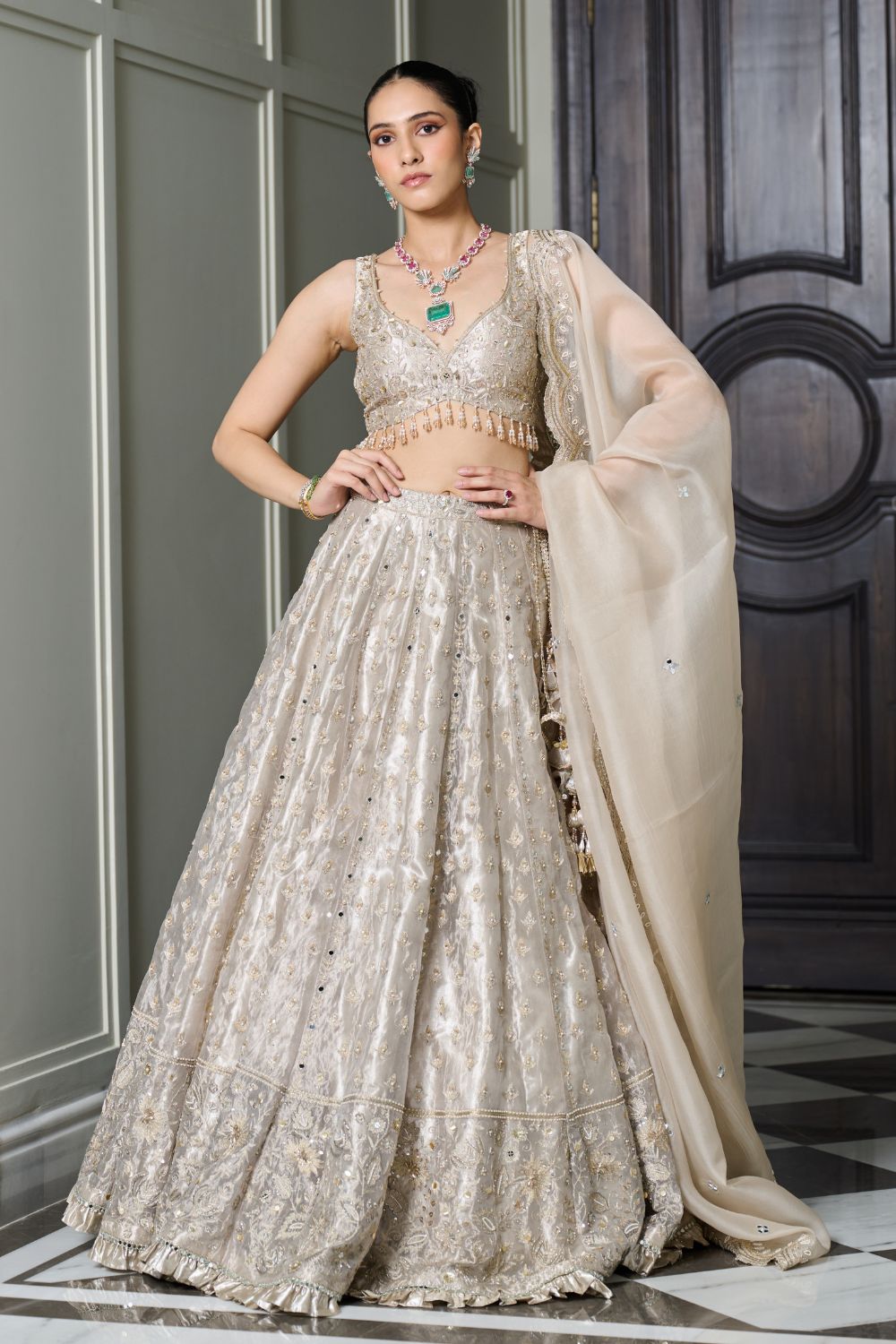 Sanya Gulati - Ivory Gold Tissue Lehenga Set from Param Sundari