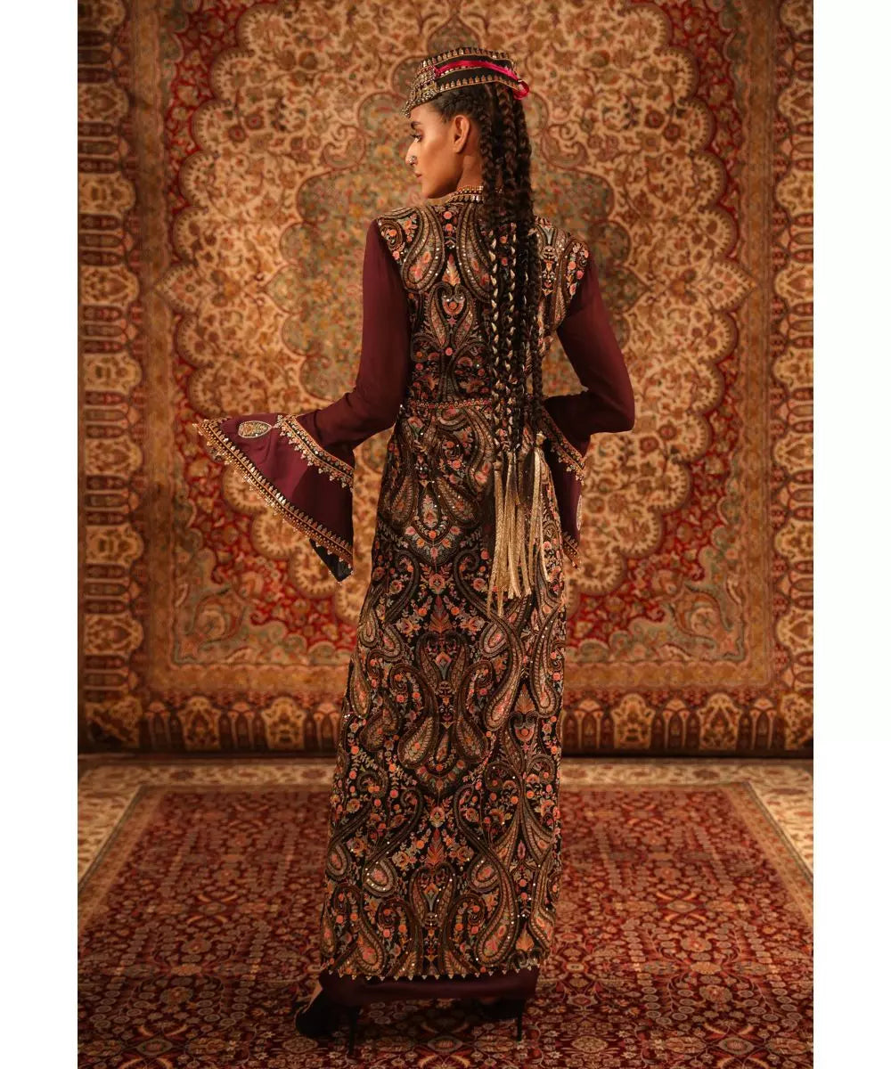 ADITI GUPTA - Wine Blouse, draped Skirt with Jamawaar Jacket