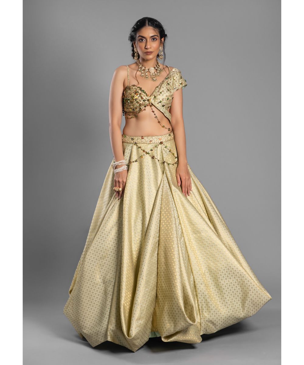 Aastha Sood - Lime Green Brocade Lehenga Asymmetrical Drape Blouse