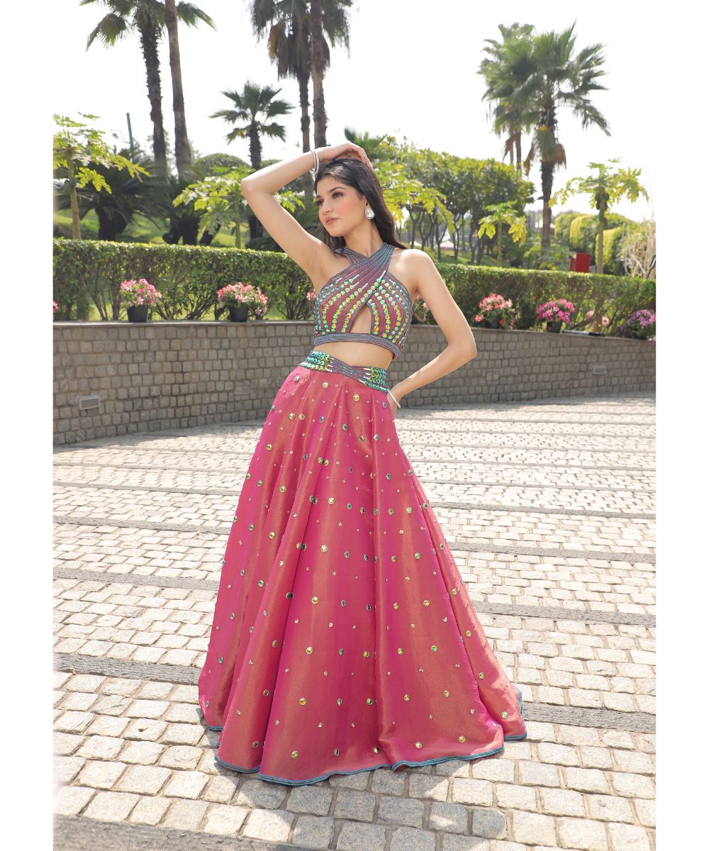 Aastha Sood - Carnation Pink Silk Tissue Lehenga