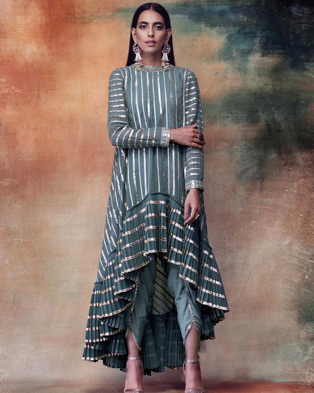 Vvani Vats - Mud Green High Low Kurta & Dhoti set