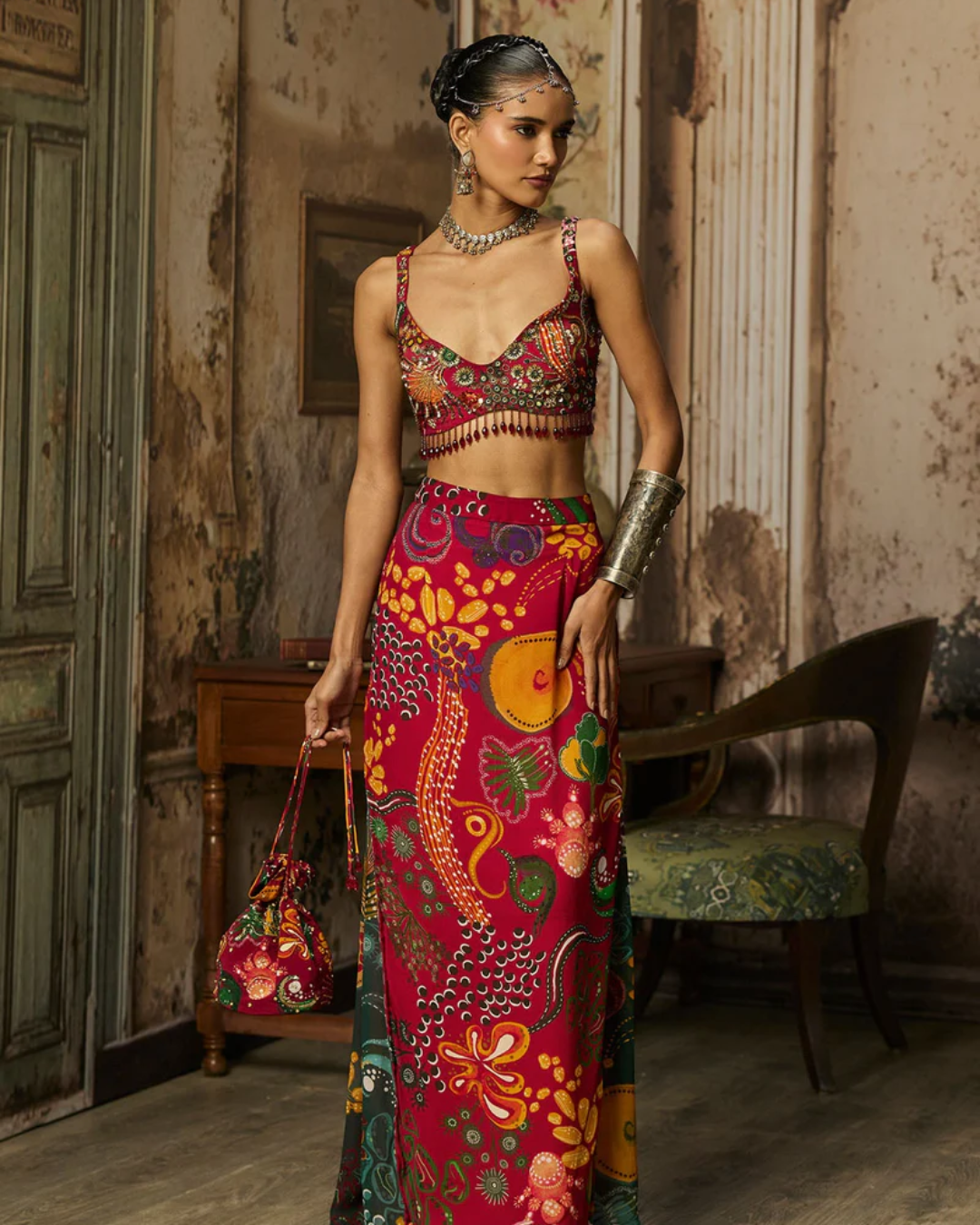 Diya Rajvvir - Deep Red Printed And Highlighted Skirt Set from Bahaar