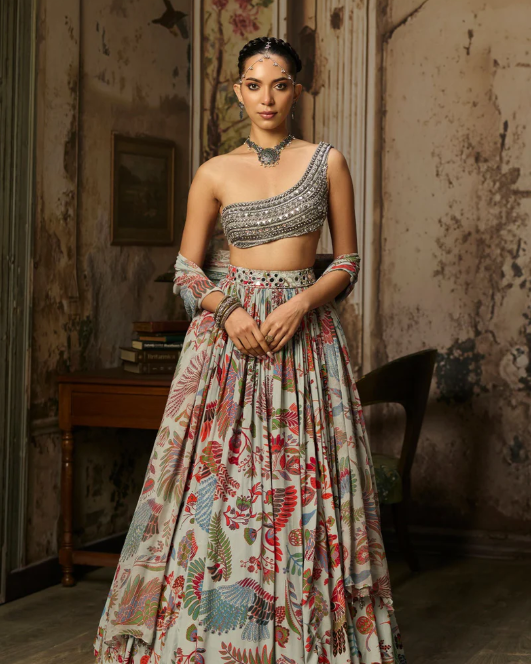 Diya Rajvvir - Slate Grey Embroidered Blouse With Printed Lehenga Set from Bahaar