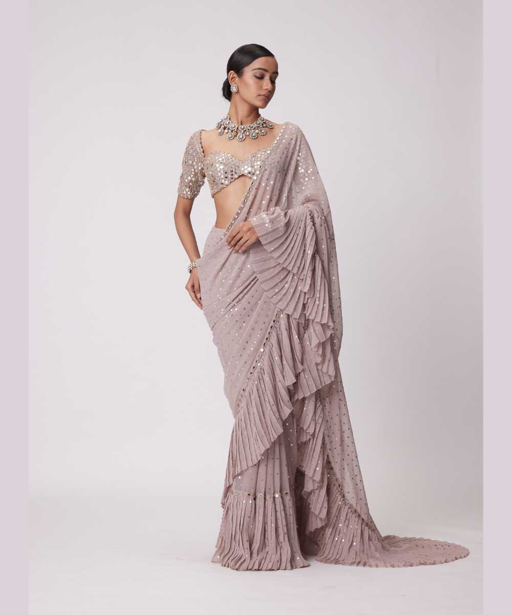 ASH PINK GEORGETTE FRILL SAREE SET -  Collection name Jugmug Bride by Vvani Vats