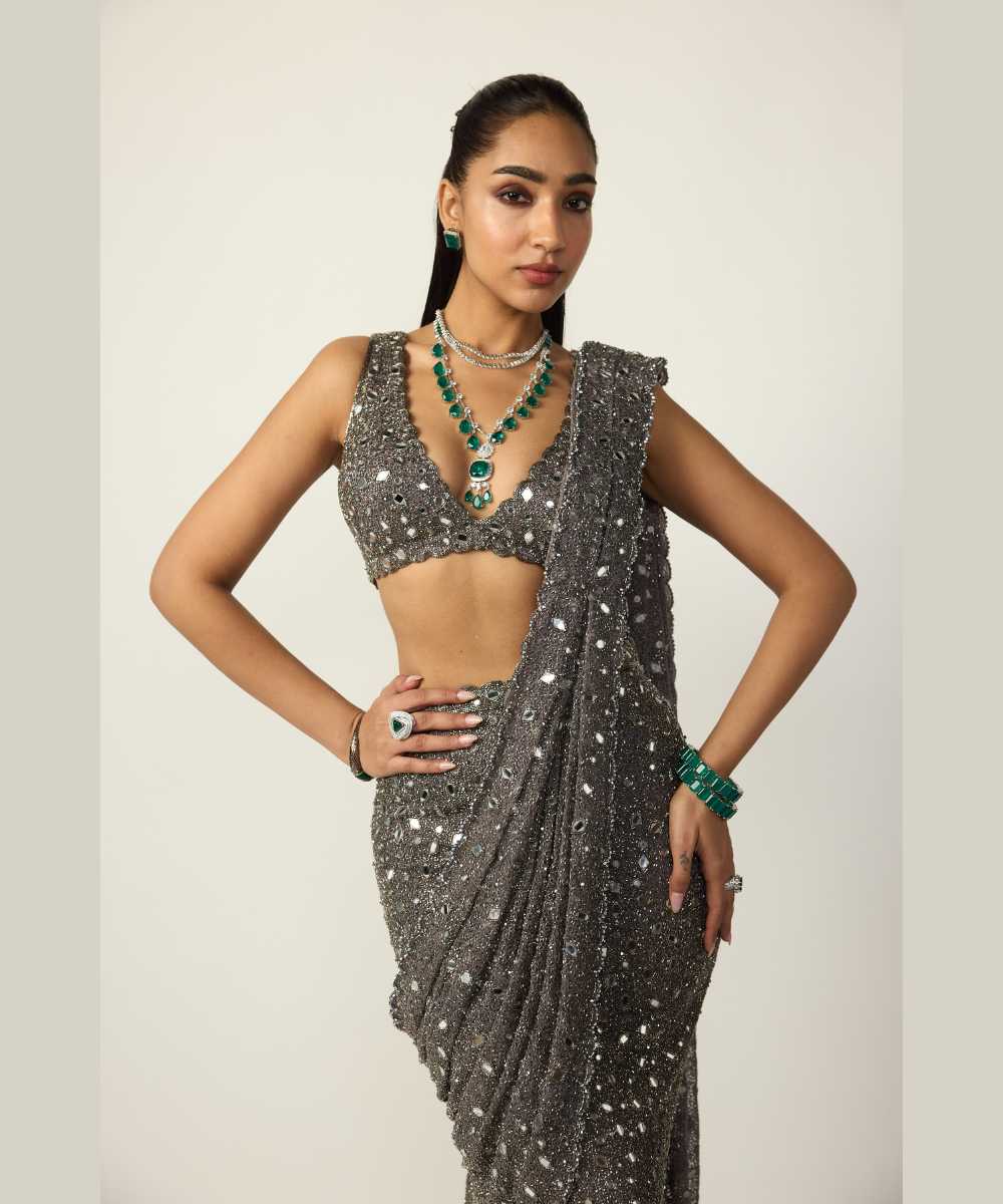 Metallic Grey Draped Saree Set