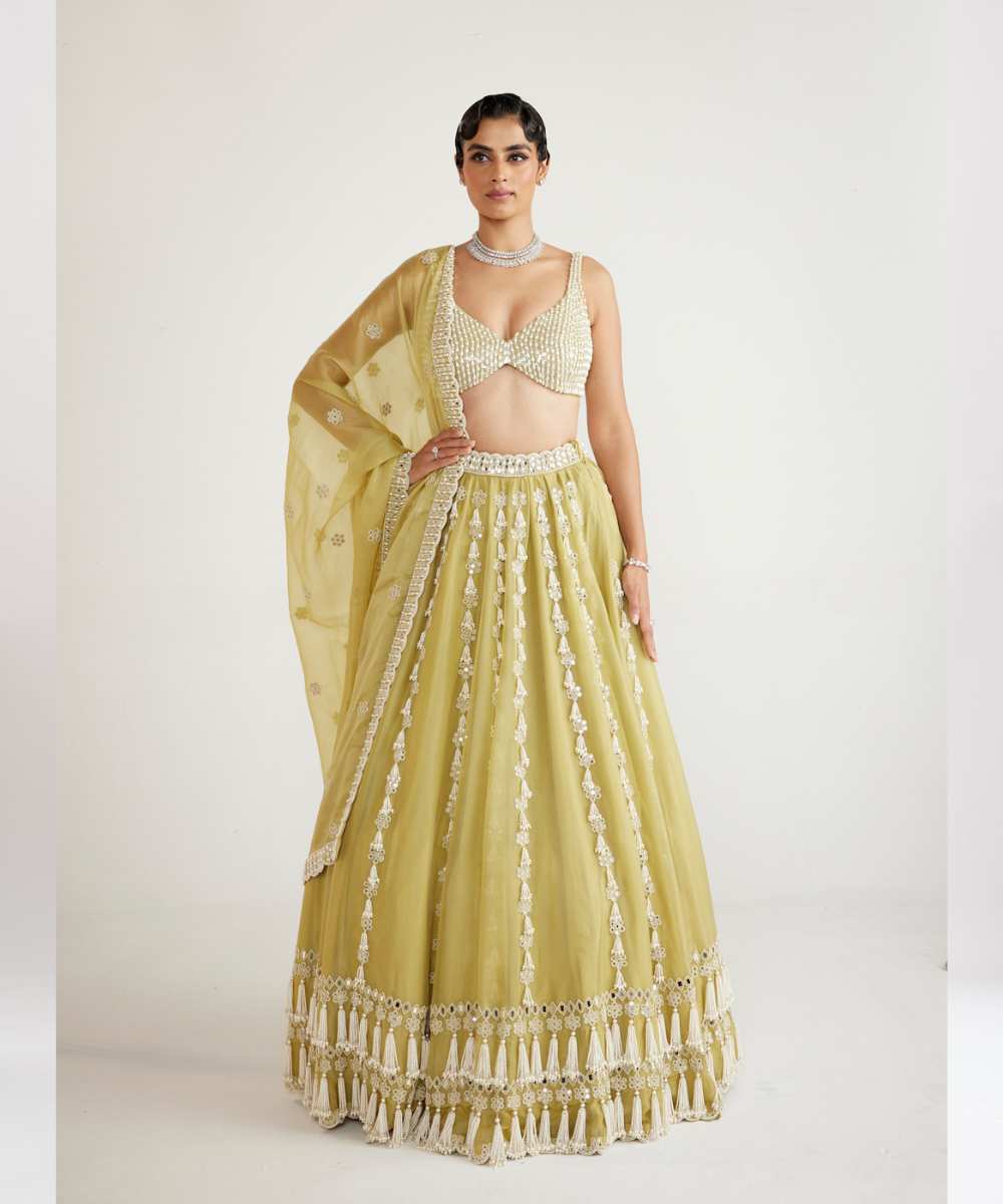 Fern Green Chandelier Pearl Drop Lehenga Set - Collection name Piroi by Vvani vats