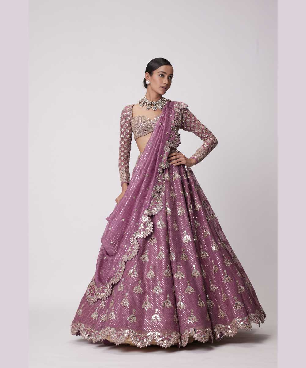 MUD  MAUVE SEQUIN AND FLOWER EMBROIDERED LEHENGA SET - Jugmug Bride by Vvani Vats