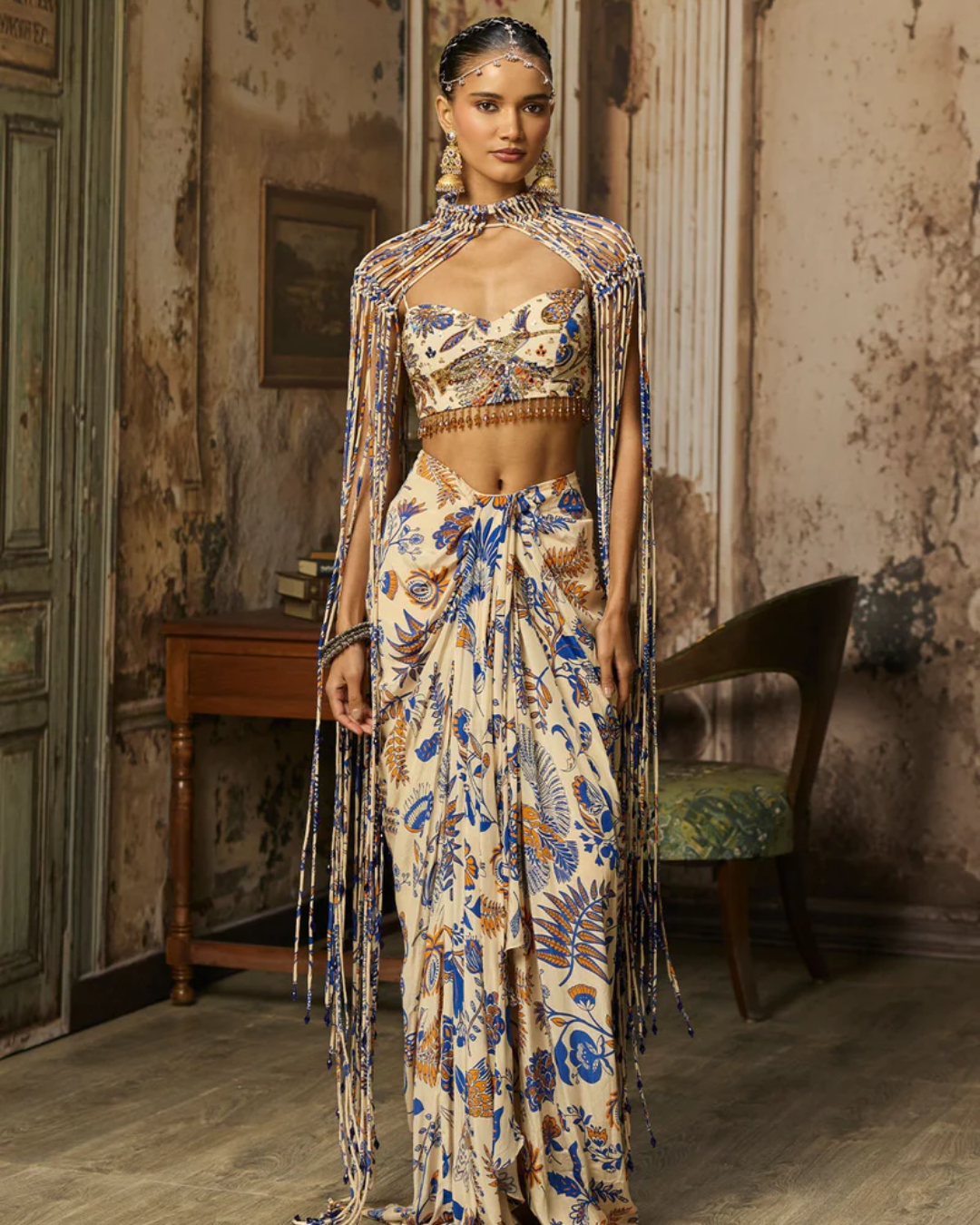Diya Rajjvir - Ivory Printed And Highlighted Blouse With Fringe Jacket & Skirt Set from Bahaar