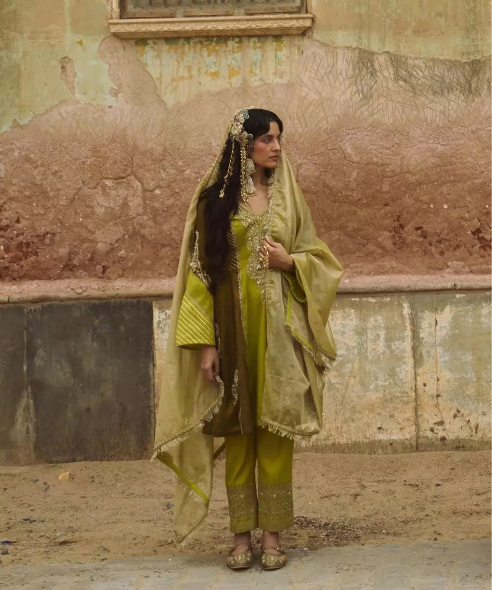 Aditi Gupta - Mint green with contrast of Olive green short Kurta with Straight Pants with Dupatta