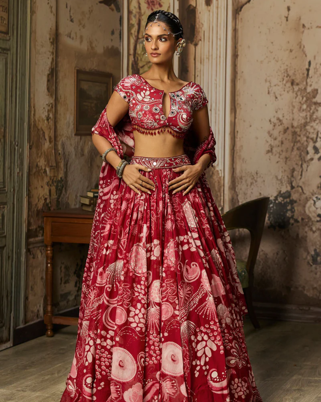 Diya Rajvvir - Scarlet Red Printed And Highlighted Lehenga Set from Bahaar