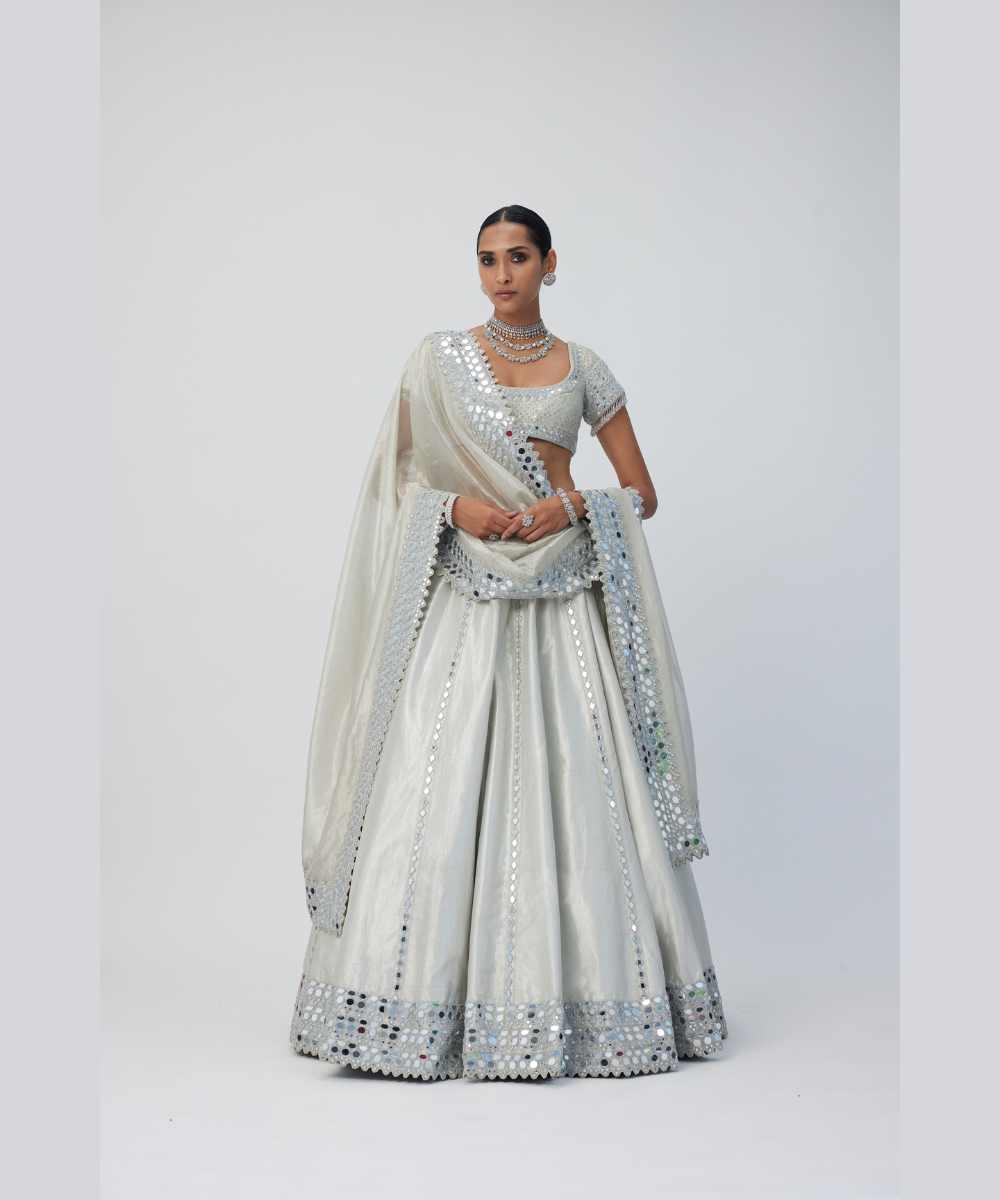 Silver Shimmer Organza Linear Lehenga Set