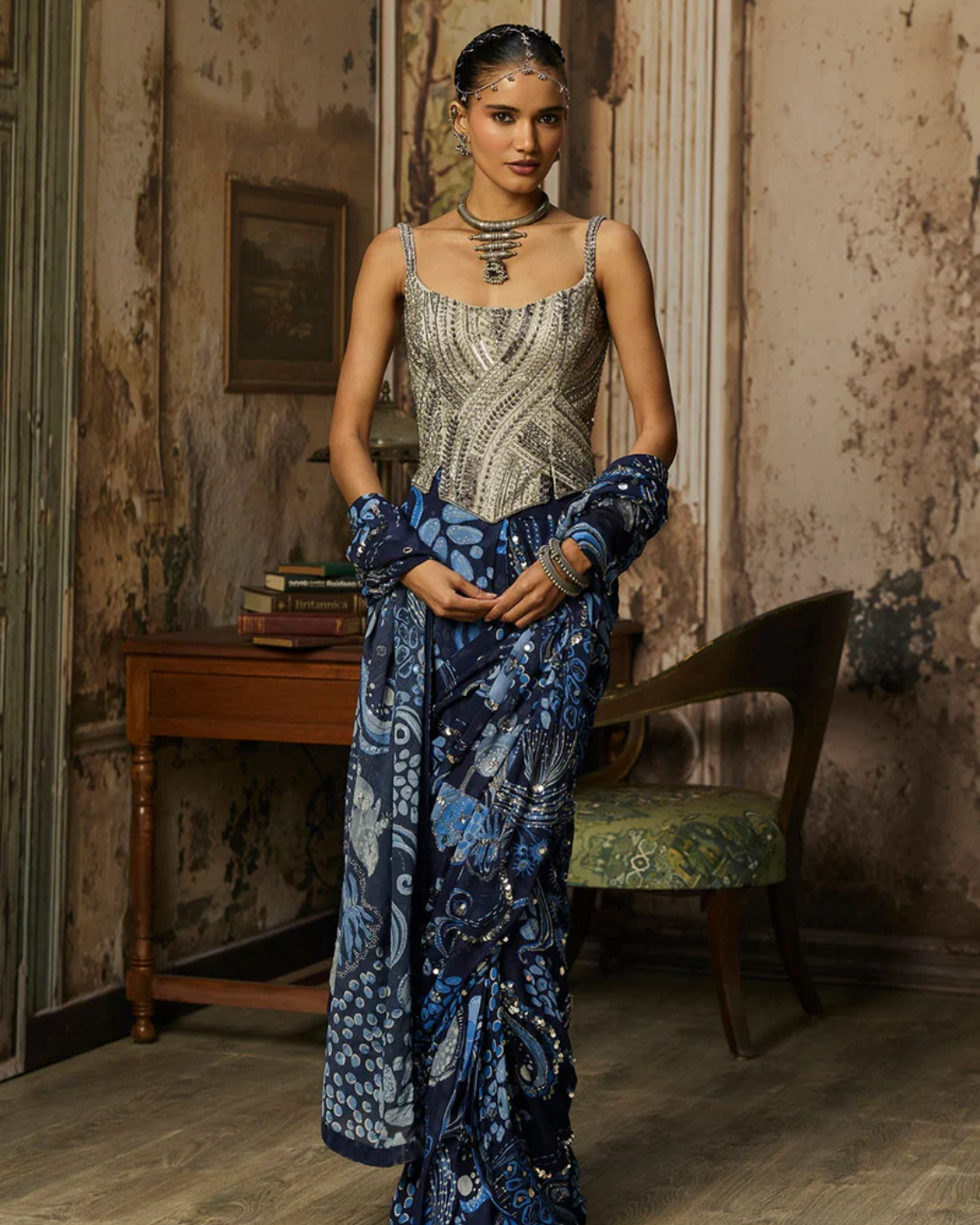 Diya Rajjvir - Gunmetal Grey Corset With Printed And Highlighted Classic Saree Set from Bahaar