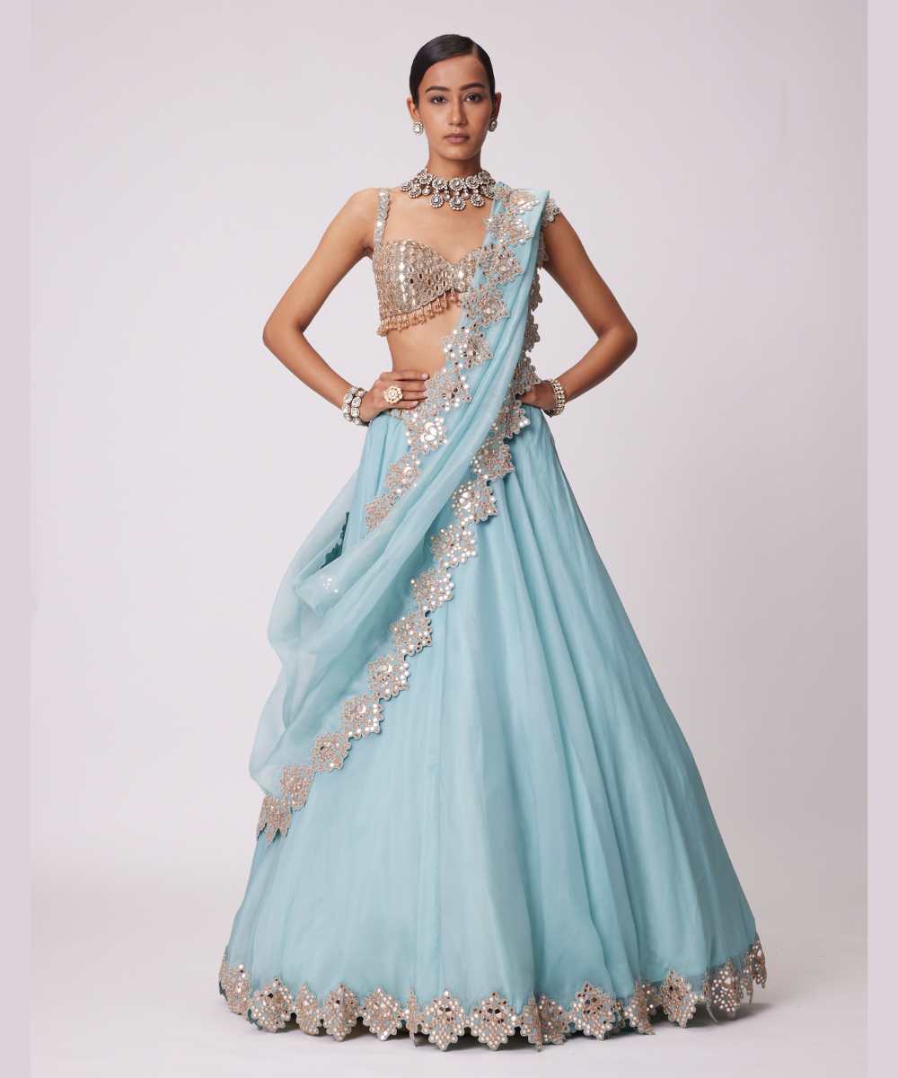 POWDER BLUE ORGANZA HAND EMBROIDERED LEHENGA SET -  Collection name Jugmug Bride by Vvani Vats