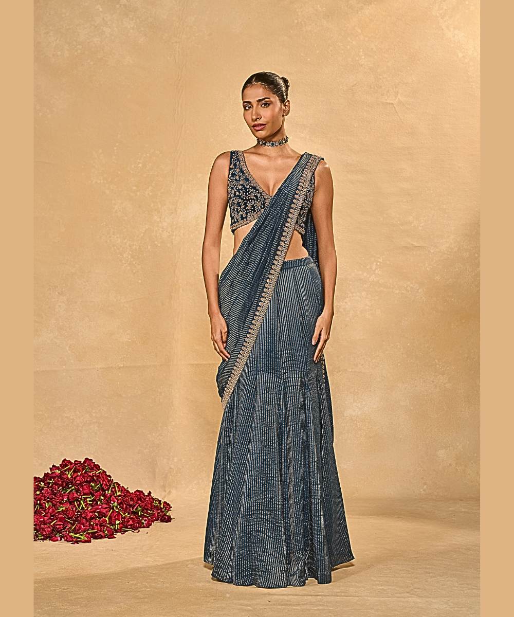 KAVYA SAREE - Saree with an exquisitely embellished floral border paired with a plunge V-neck velvet - Leher by Chamee and Palak