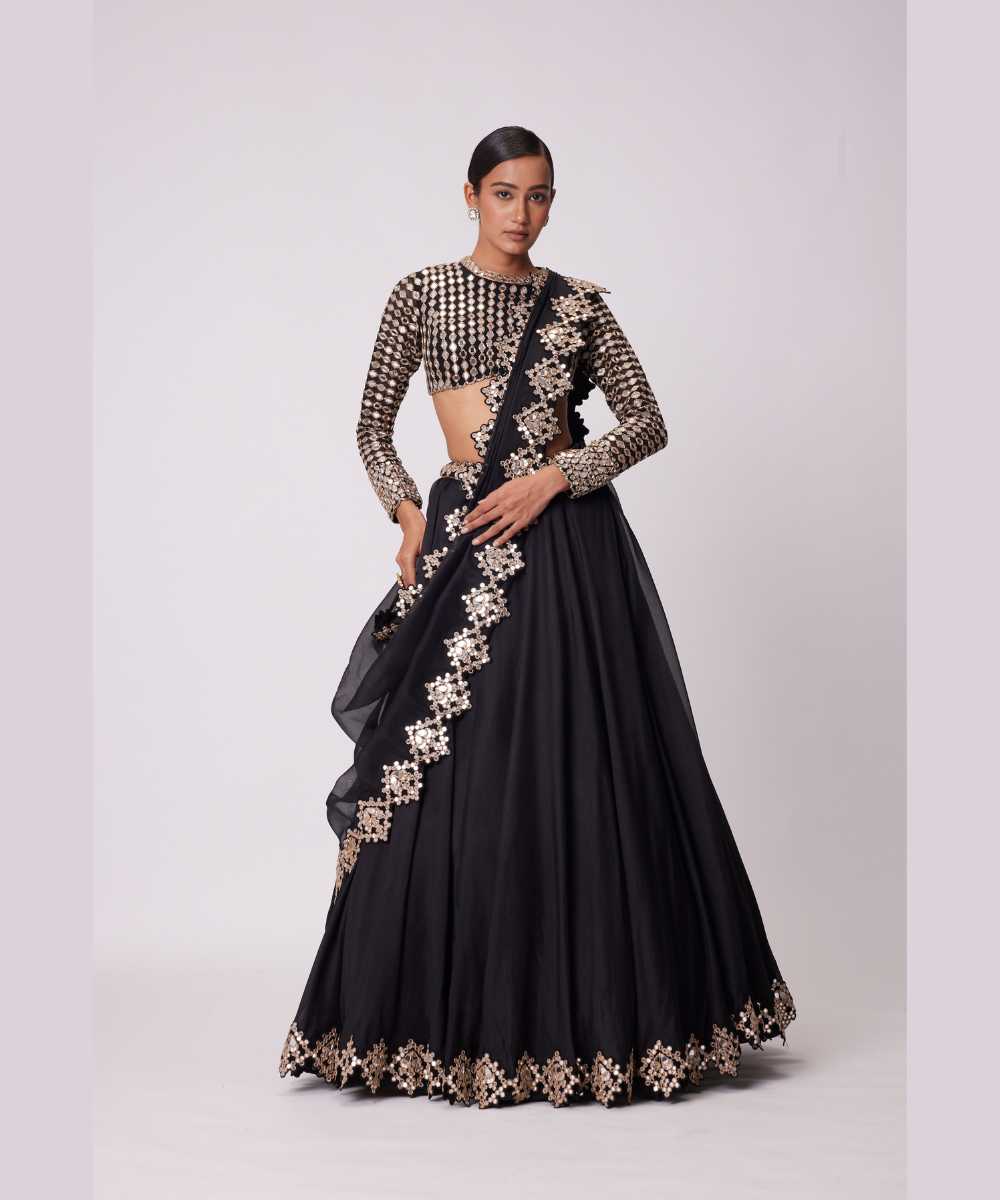 BLACK ORGANZA MIRROR EMBROIDERED LEHENGA SET - Jugmug Bride by Vvani Vats