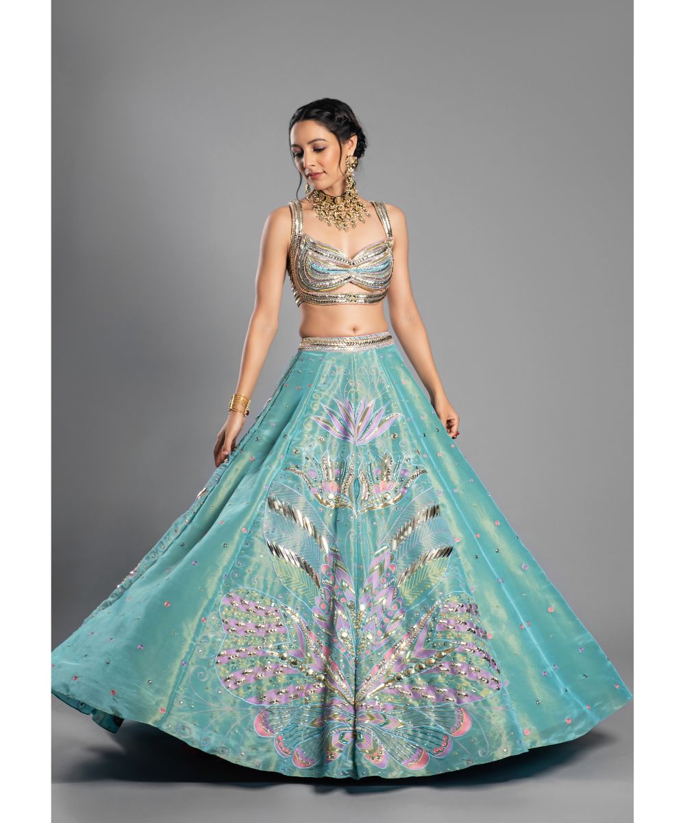 Aastha Sood - Aqua Silk Tissue Lehenga Draped Blouse