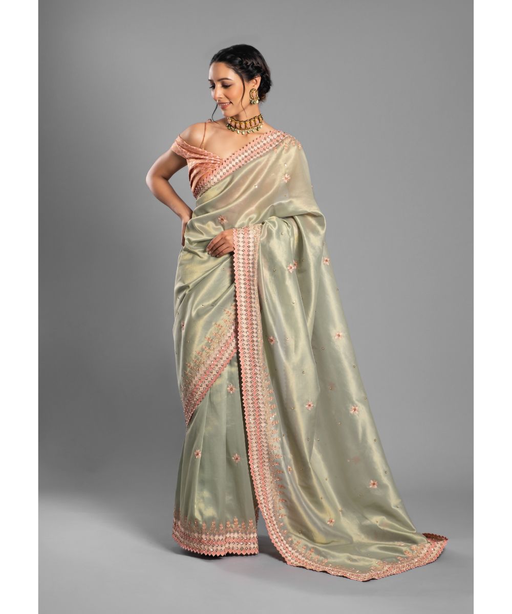 Aastha Sood - Leaf green Saree with peach Floral Geometric Scallop