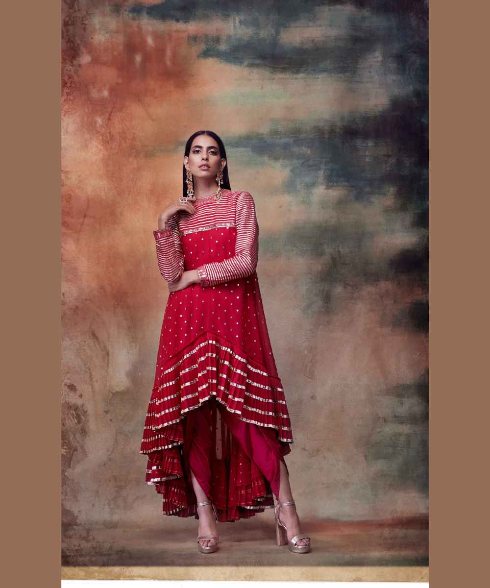 Crimson red high low kurta dhoti set