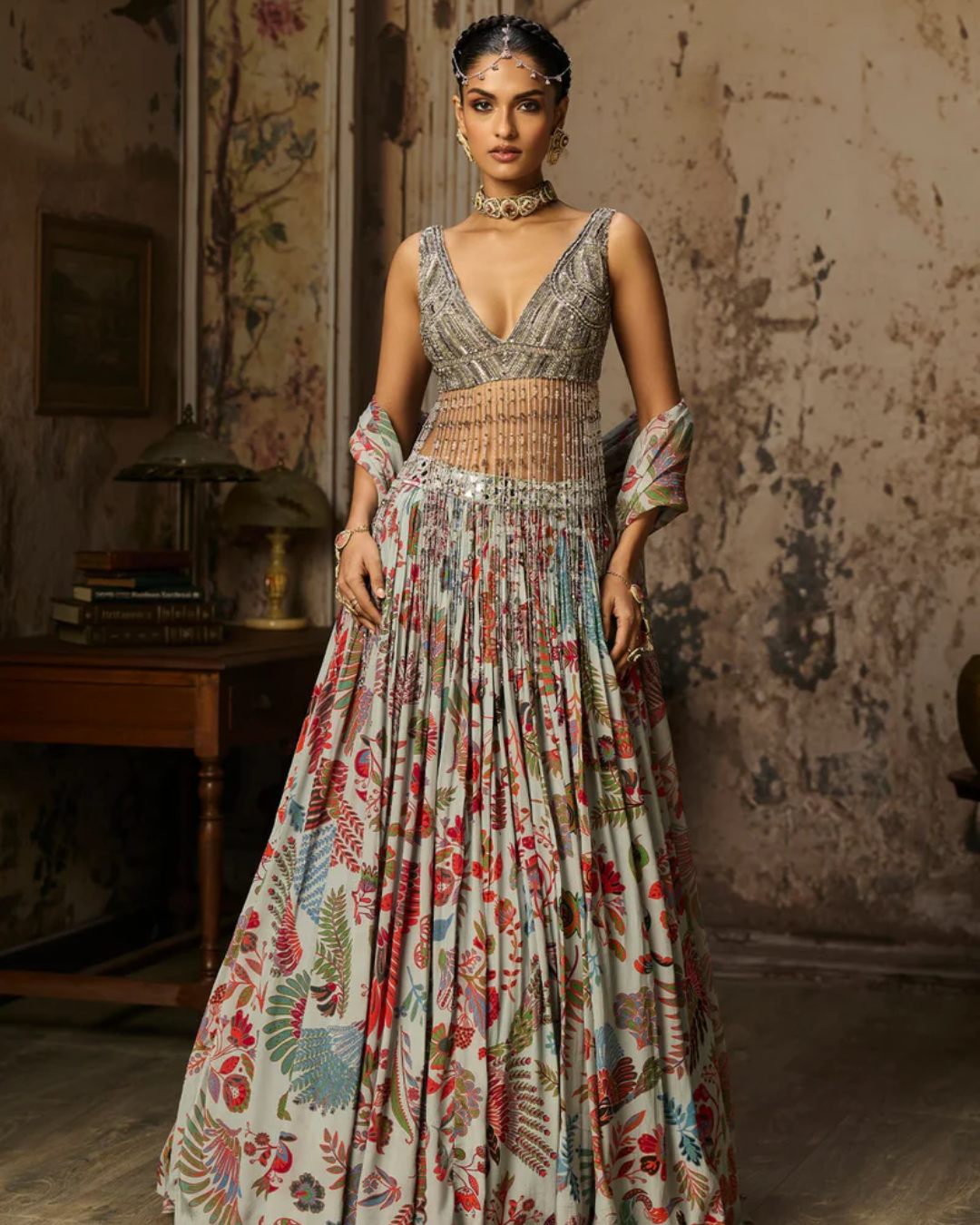 Diya Rajvvir - Slate Grey Embroidered Blouse And Printed Lehenga Set from Bahaar