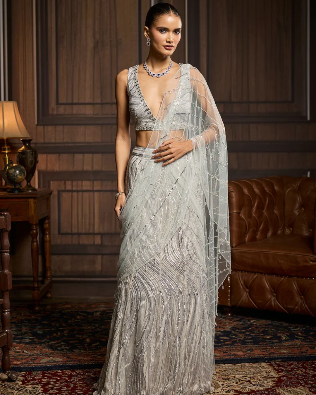 Diya Rajvvir - Silver Embellished Mermaid Skirt Saree Set from Taara