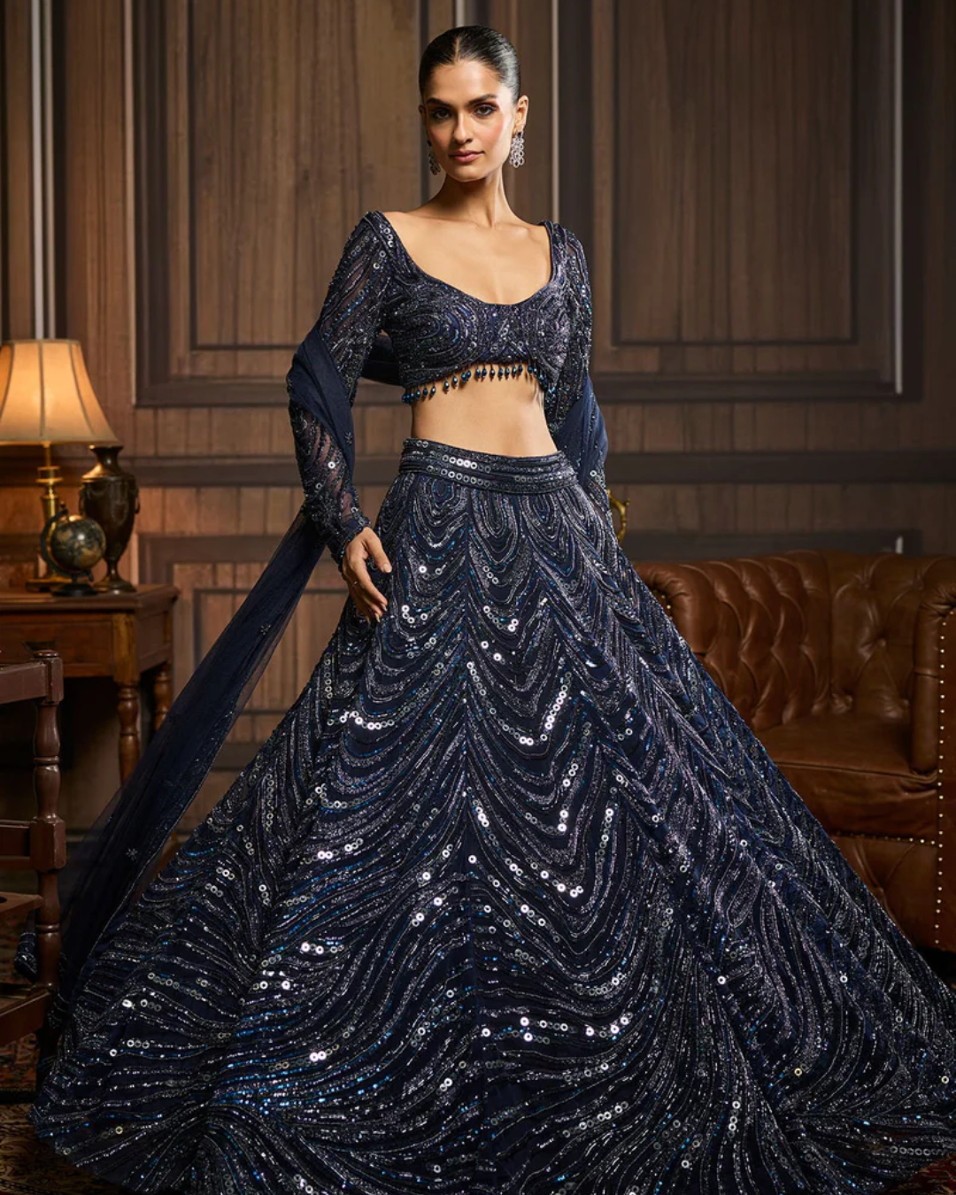 Diya Rajvvir - Midnight Blue Embellished Lehenga Set from Taara
