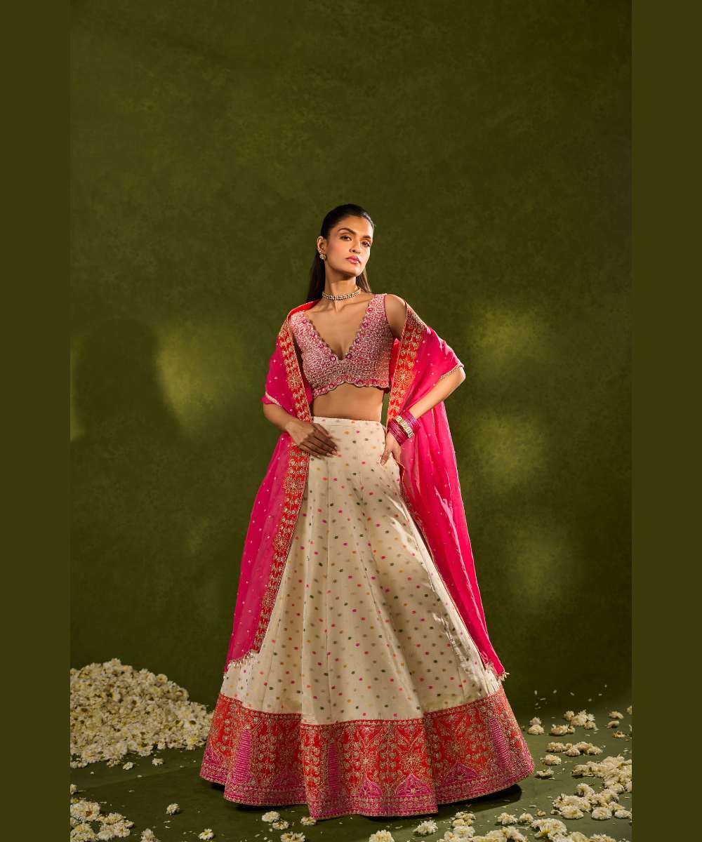 ANVI LEHENGA - Ivory multicolour tissue jamewar lehenga with finely embroidered applique and zari -  Leher by Chamee and Palak