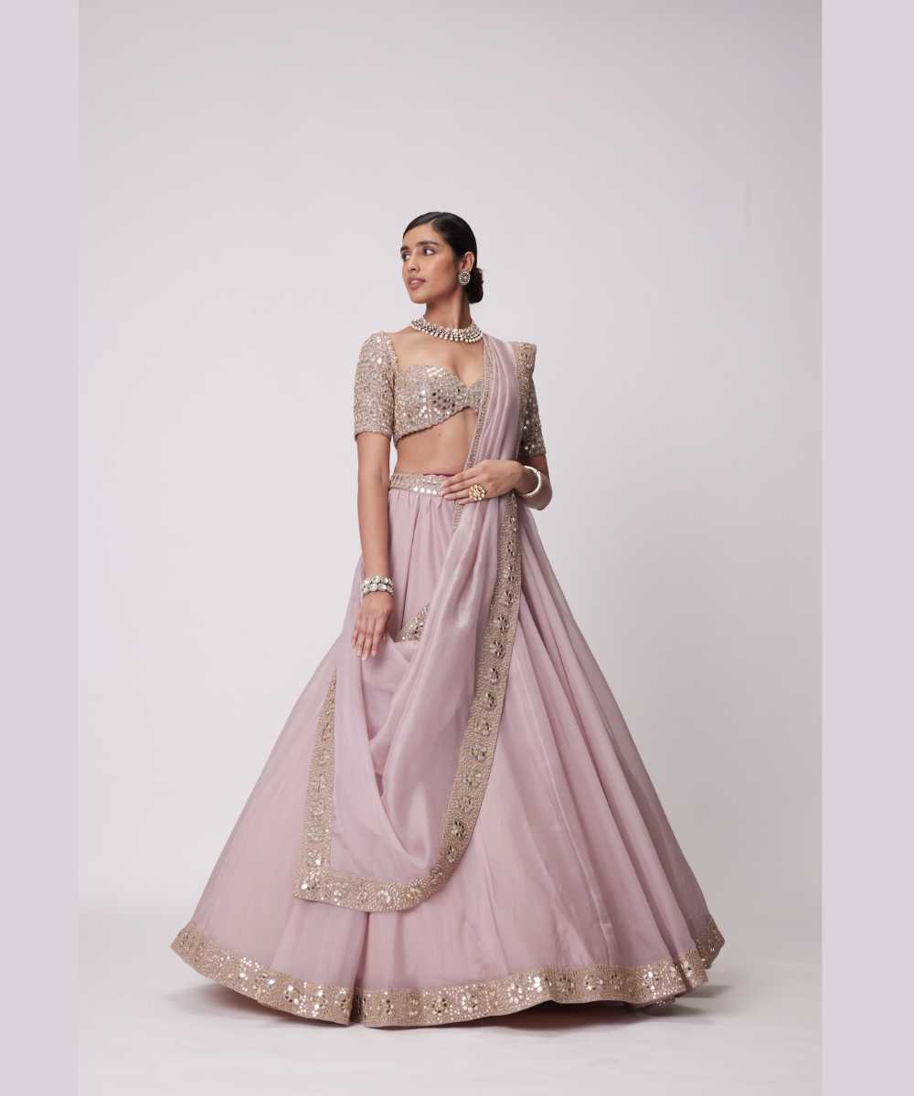 ASH PINK FLOWER BORDER ORGANZA LEHENGA SET - Jugmug Bride by Vvani Vats