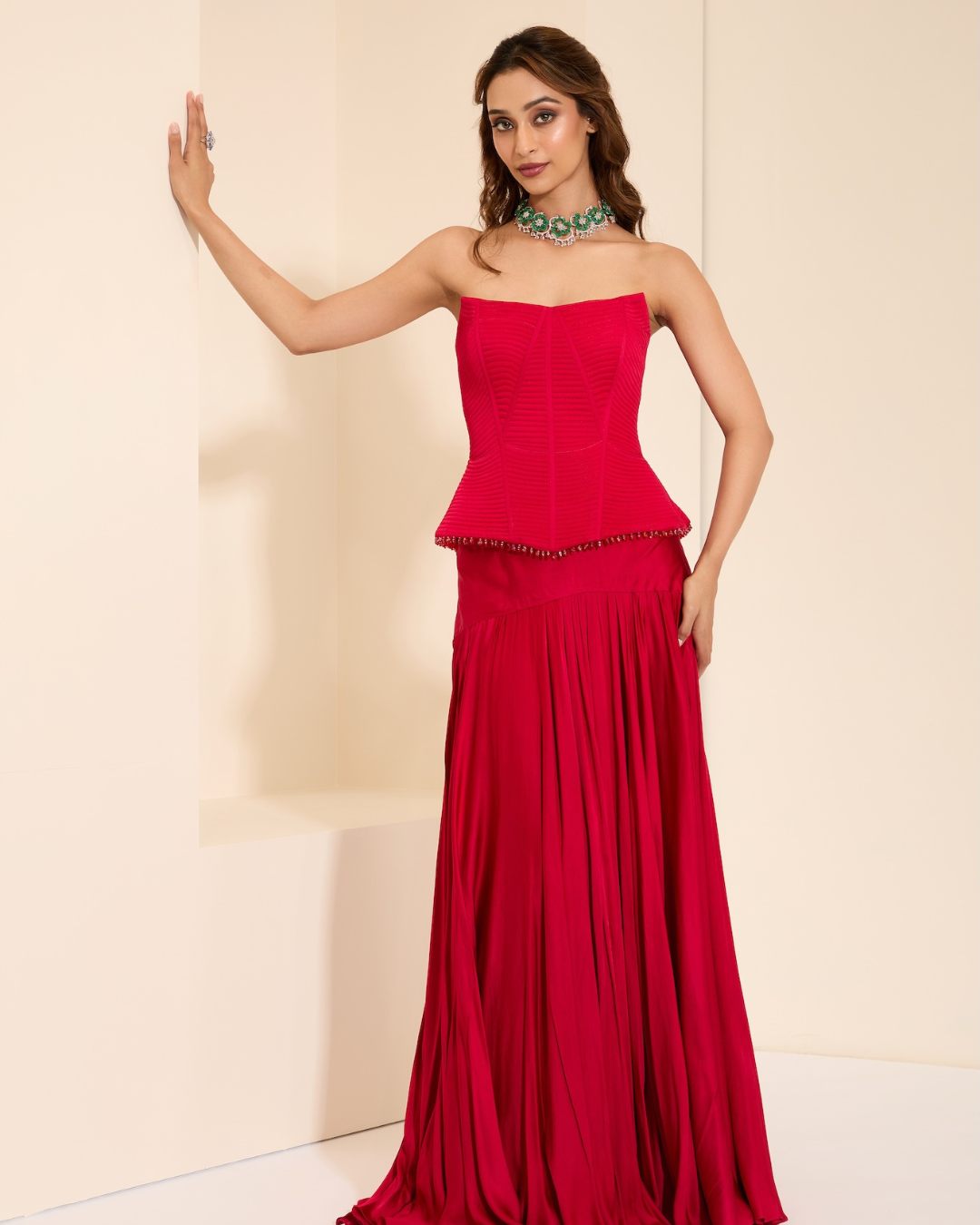 K&A by Karishma and Ashita - Berry Luxe Corset & Drape
