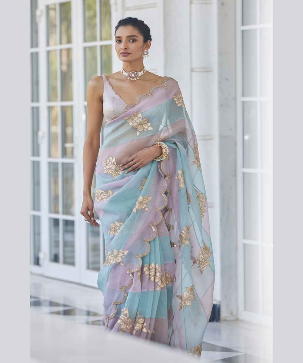 Ash Pink Flower Saree Set