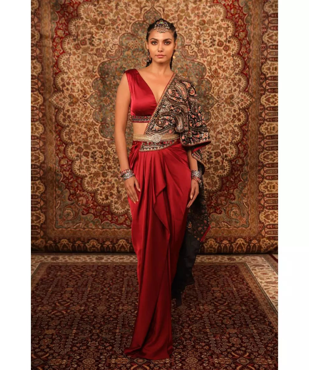 ADITI GUPTA - Red Jamawaar Draped Saree Skirt