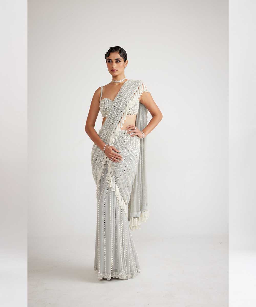 Powder Grey Chandelier Pearl Drop Saree Set - Collection name Piroi by Vvani vats