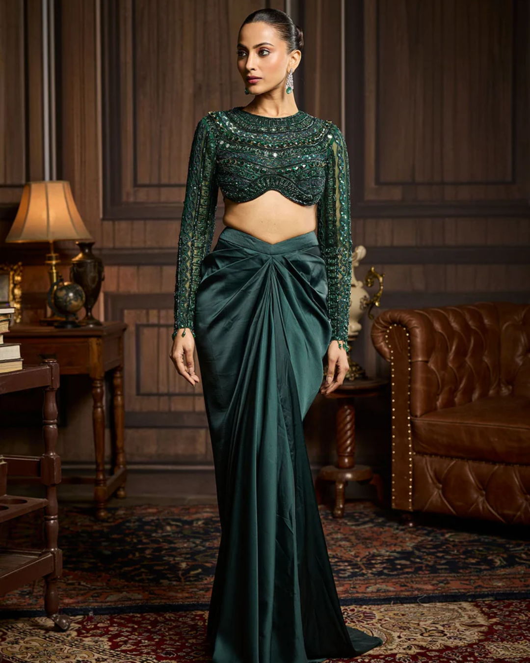 Diya Rajvvir - Emerald Green Embroidered Blouse And Draped Skirt Set from Taara