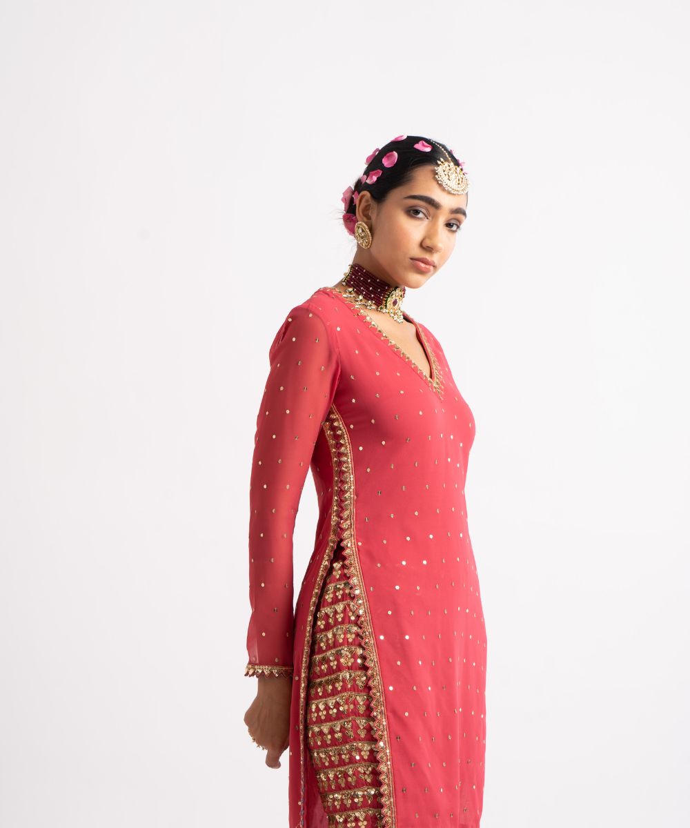 Deep Coral V Neck Heavy Pant Kurta Set - Collection name Rang by  Vvani vats