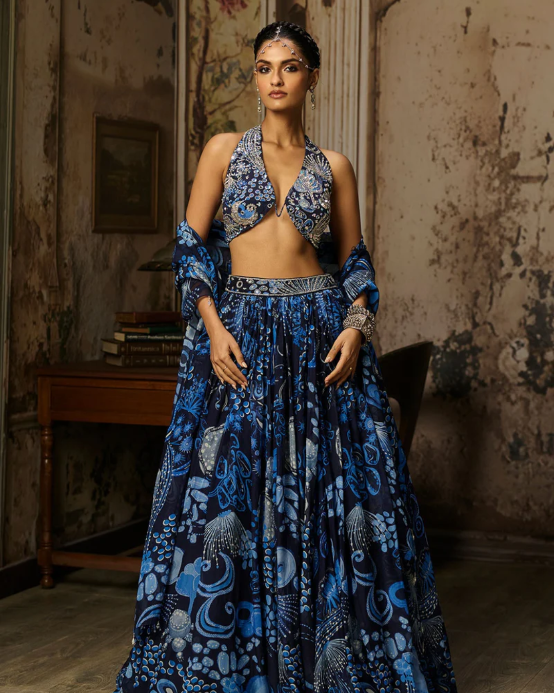 Diya Rajvvir - Navy Blue Printed & Highlighted Lehenga Set from Bahaar