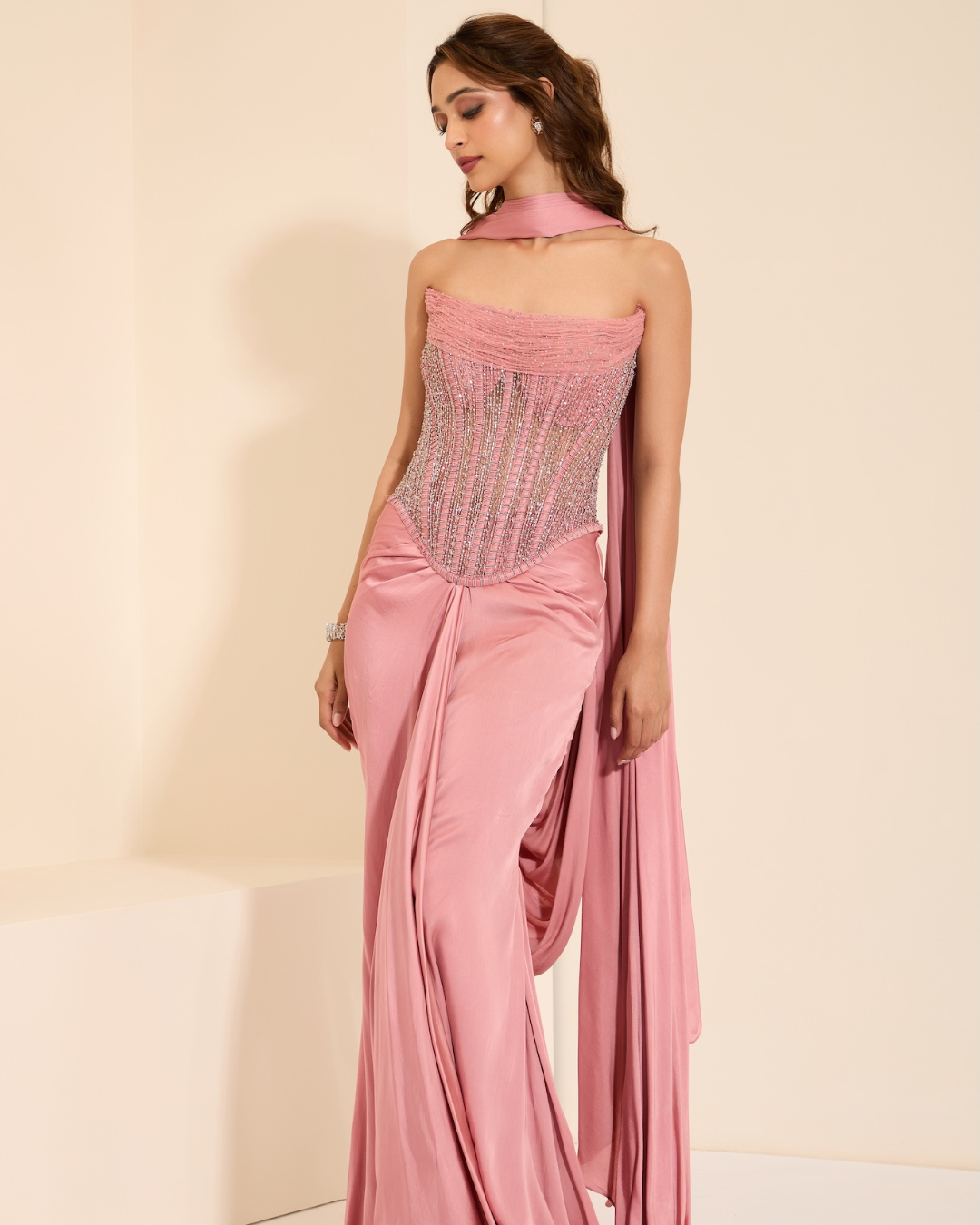 K&A by Karishma and Ashita - Champagne Rose Corset & Drape