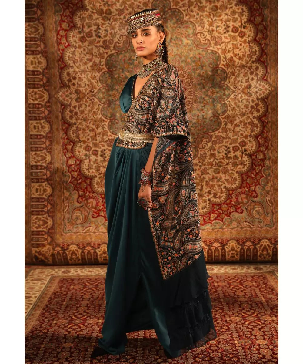ADITI GUPTA - Teal Jamawaar Blouse with Draped Saree Skirt