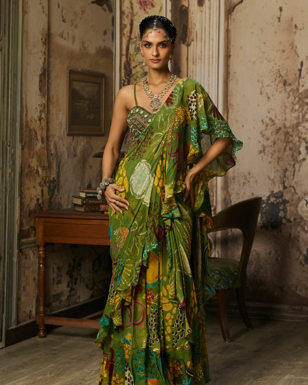 Diya Rajvvir - Pear Green Printed And Highlighted Ruffle Skirt Saree Set from Bahaar