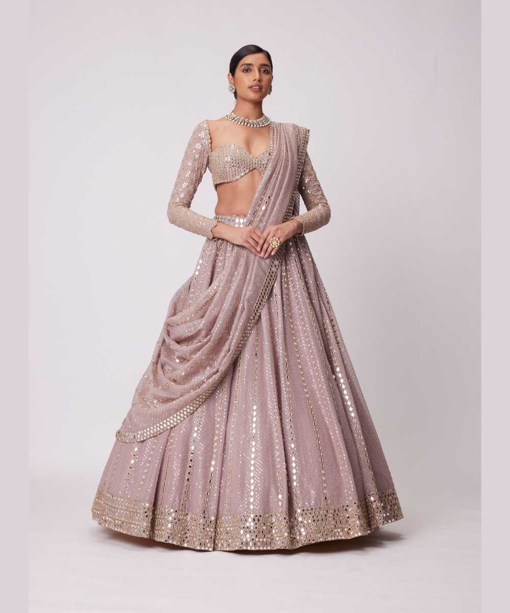 ASH PINK SEQUIN AND MIRROR EMBROIDERED LEHENGA SET