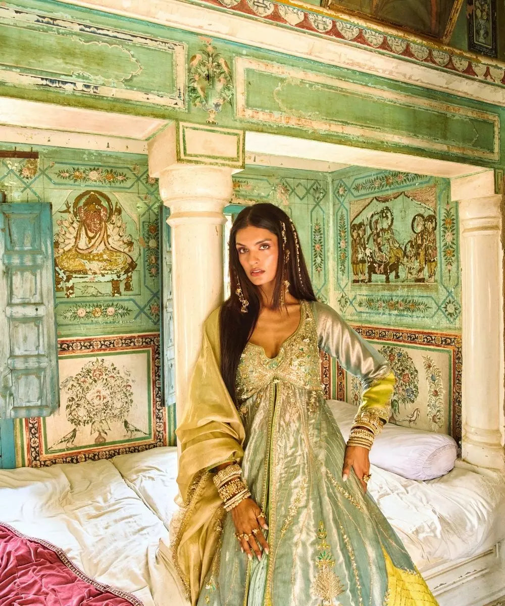 Aditi Gupta - Moonlight Blue  pure tissue Jacket with crushed Silk Skirt Set with tissue dupatta