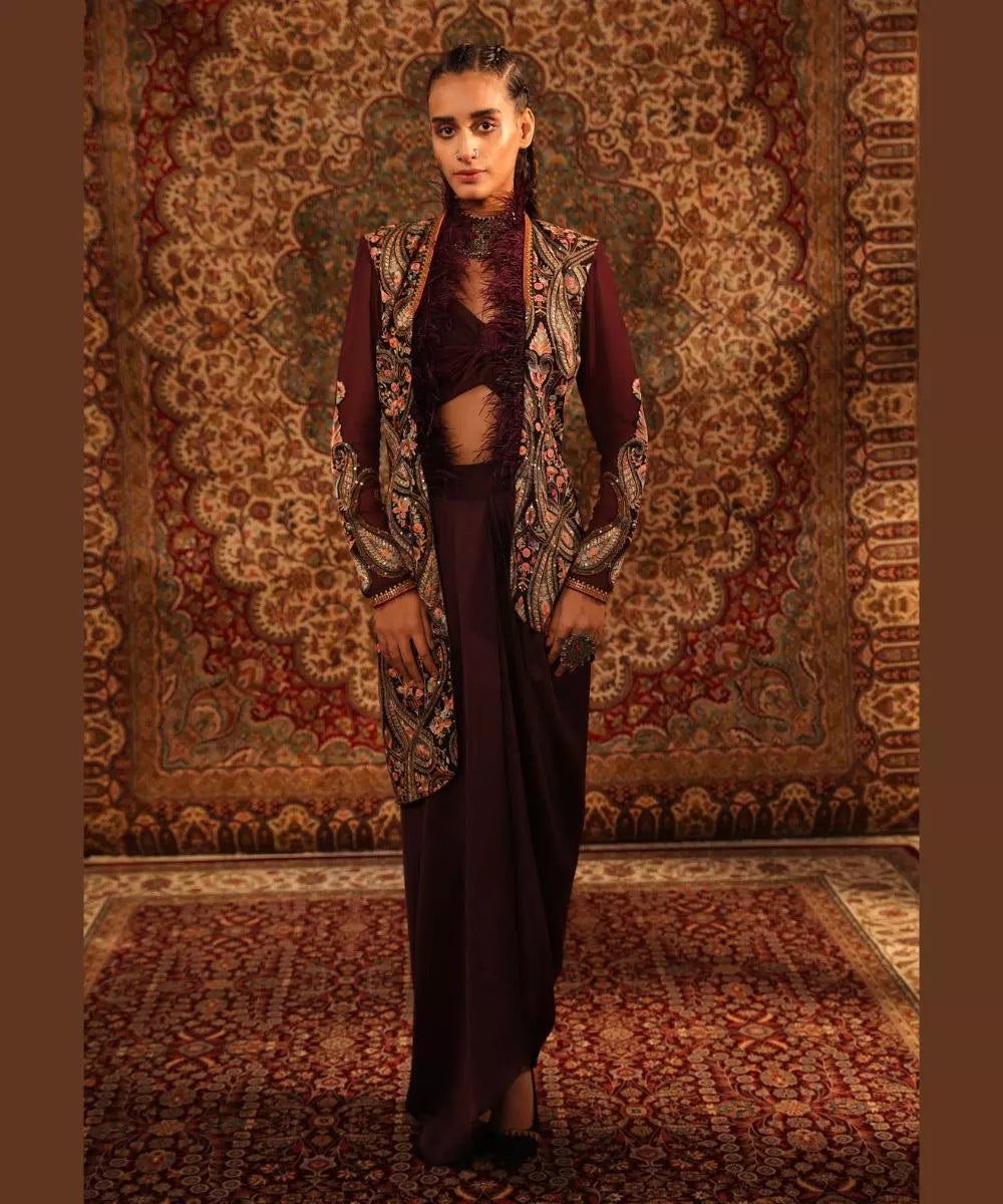 ADITI GUPTA -  Wine jamawaar Jacket with Fur knotted Blouse Draped Skirt
