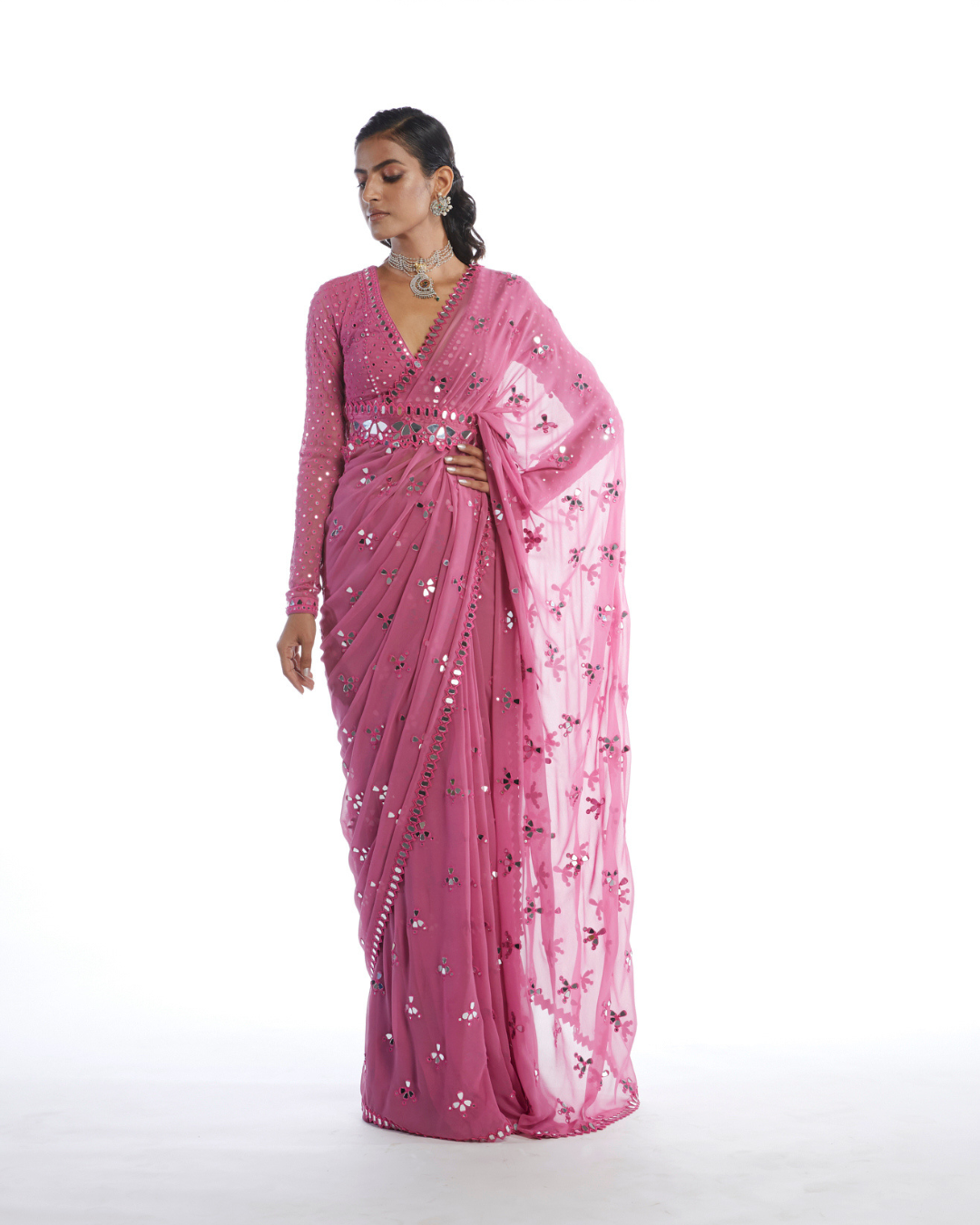 Vvani Vats -  Dark Blush Mirror Cut Work Saree from Chamak