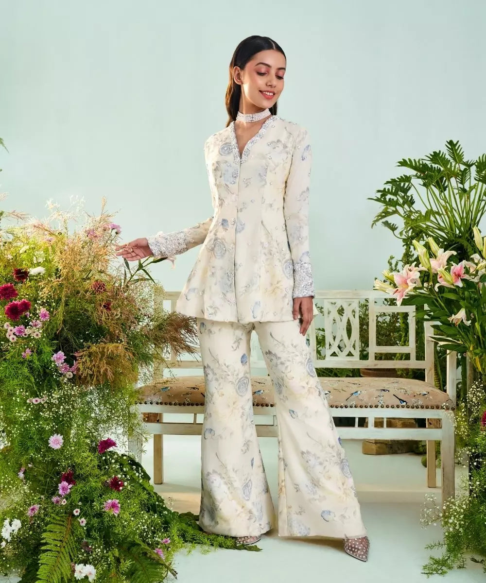MANI BHATIA - Ivory Vintage Roses Print Peplum top with Flared Pants