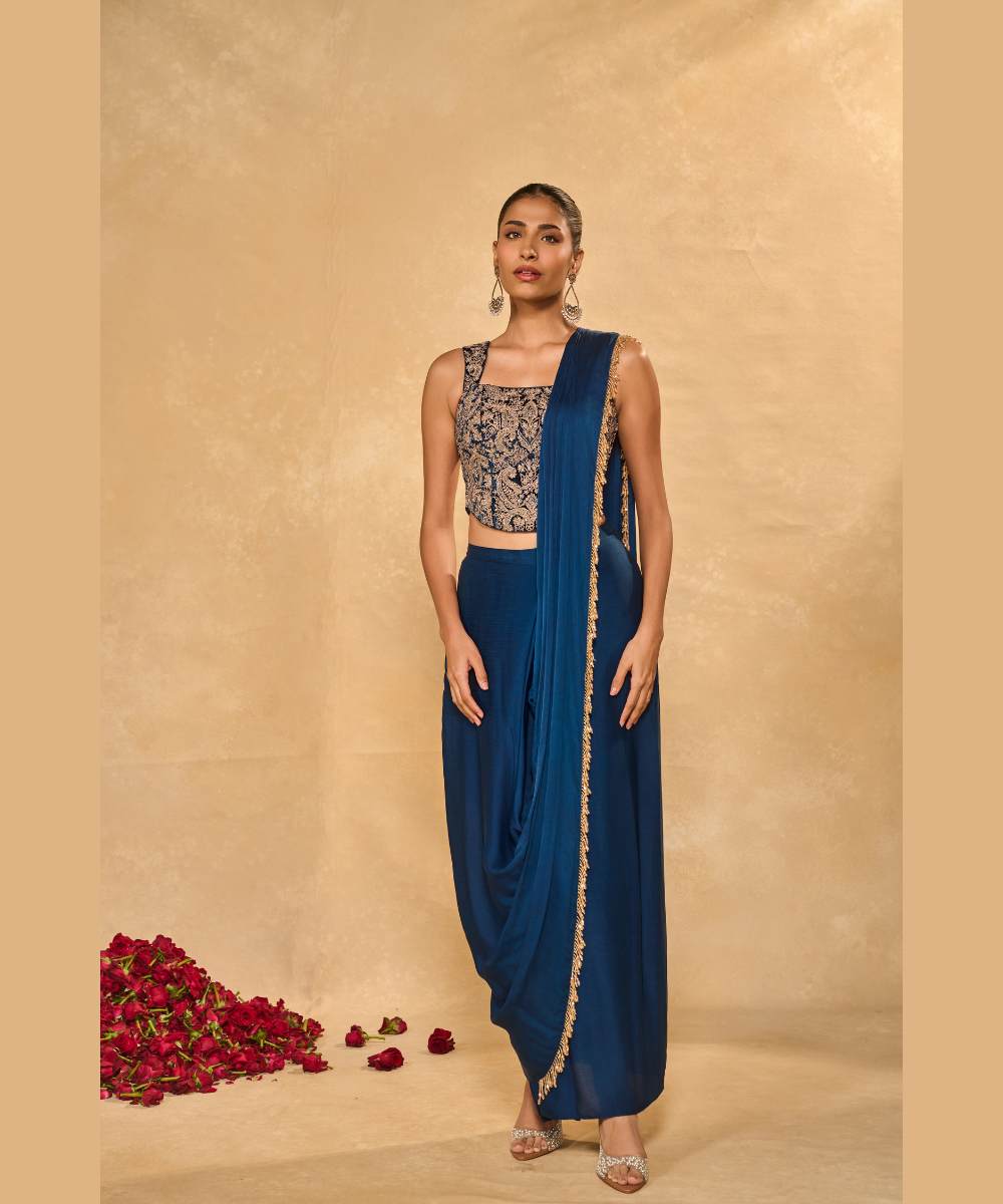 LEKHA SLIT SAREE - Satin chiffon dhoti saree embellished with tassel edging paired with a velvet corset blouse - Leher by Chamee and Palak