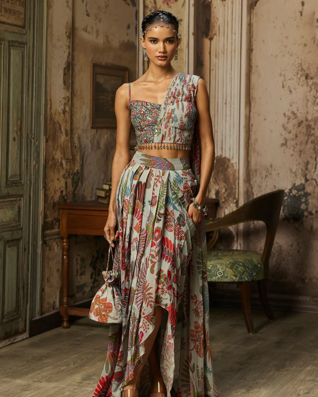 Diya Rajvvir - Slate Grey Printed Drape Asymmetric Crop Top And Skirt Set from Bahaar