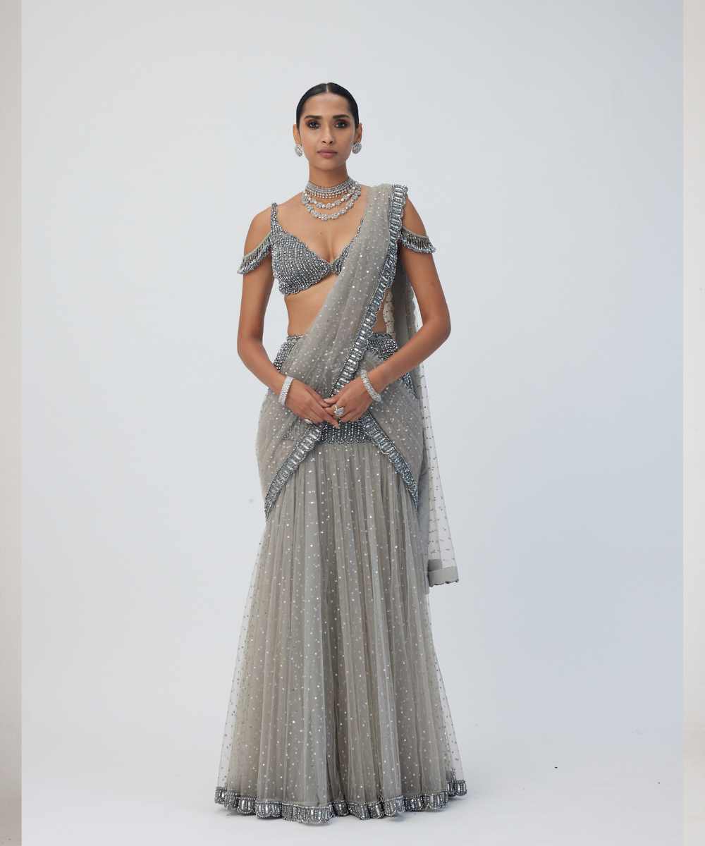 Crystal Grey Sequin Scattered Pre Draped Saree Set - Collection name Maya by Vvani Vats