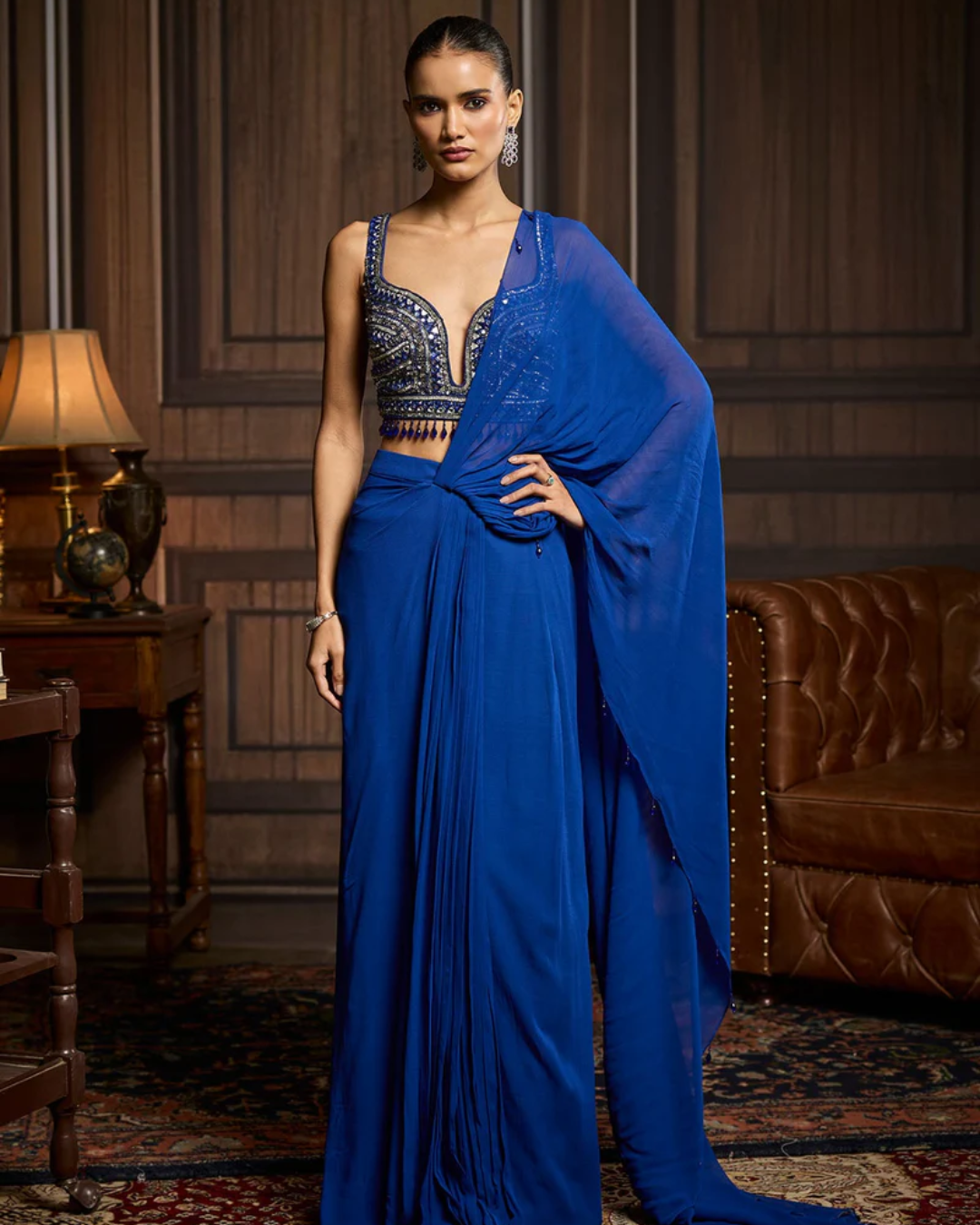 Diya Rajvvir - Electric Blue Embellished Blouse And Pre-Draped Dhoti Saree Set from Taara