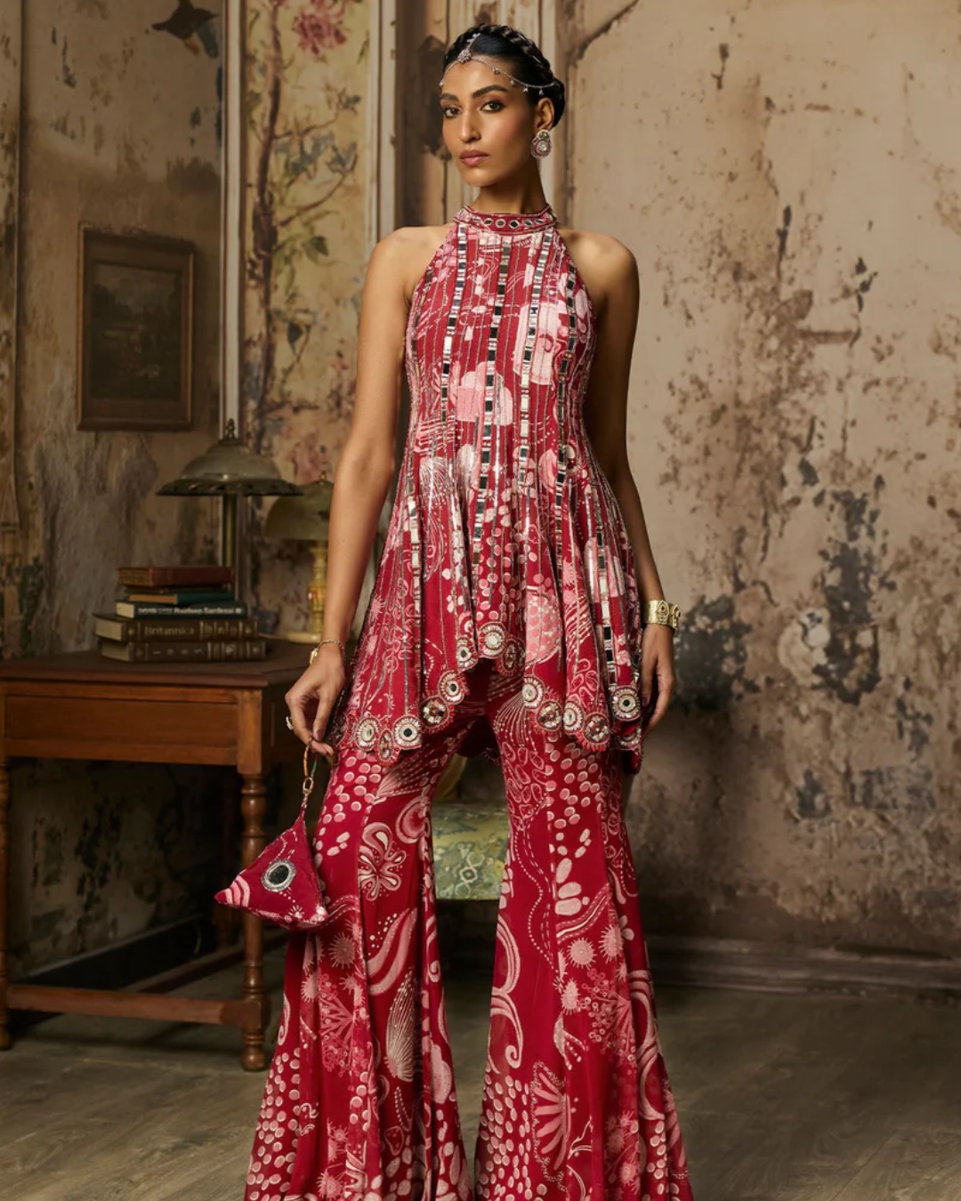 Diya Rajvvir - Scarlet Red Printed And Highlighted Peplum Set from Bahaar