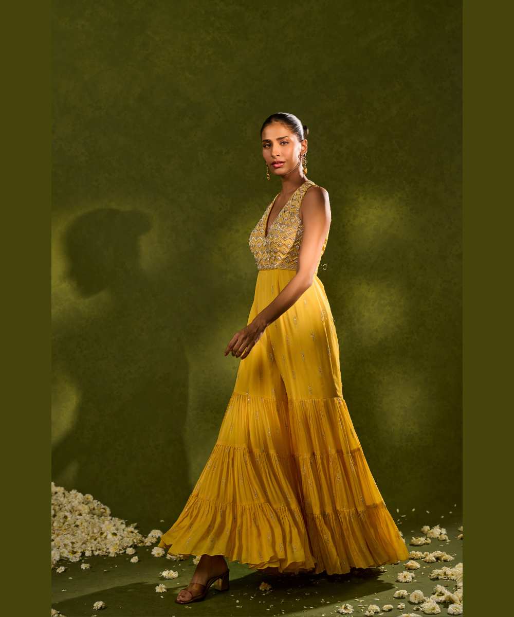 INES JUMPSUIT -  V neck jumpsuit with a flattering soft frill - Leher by Chamee and Palak